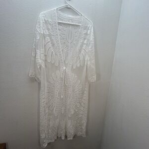 White Lace Duster Kimono Long Sheer Boho Coachella Festival Fairy Beach Sz M